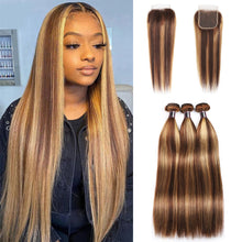 Load image into Gallery viewer, Highlight Ombre Brazilian Bone Straight Human Hair Bundles With Closure