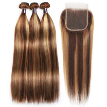 Load image into Gallery viewer, Highlight Ombre Brazilian Bone Straight Human Hair Bundles With Closure