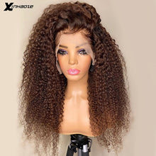 Load image into Gallery viewer, Dark Brown Kinky Curly Brazilian Remy Human Hair 13x4 Lace Frontal Wigs 180% Density