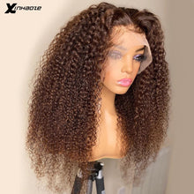 Load image into Gallery viewer, Dark Brown Kinky Curly Brazilian Remy Human Hair 13x4 Lace Frontal Wigs 180% Density