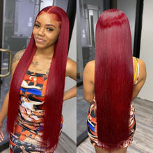 Load image into Gallery viewer, 99j Burgundy Brazilian Straight Human Hair Hd Full Pre Plucked Lace Front Wig 30 Inch