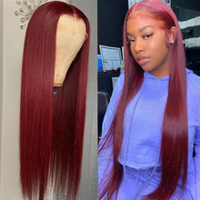 Load image into Gallery viewer, 99j Burgundy Brazilian Straight Human Hair Hd Full Pre Plucked Lace Front Wig 30 Inch