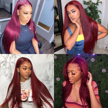 Load image into Gallery viewer, 99j Burgundy Brazilian Straight Human Hair Hd Full Pre Plucked Lace Front Wig 30 Inch