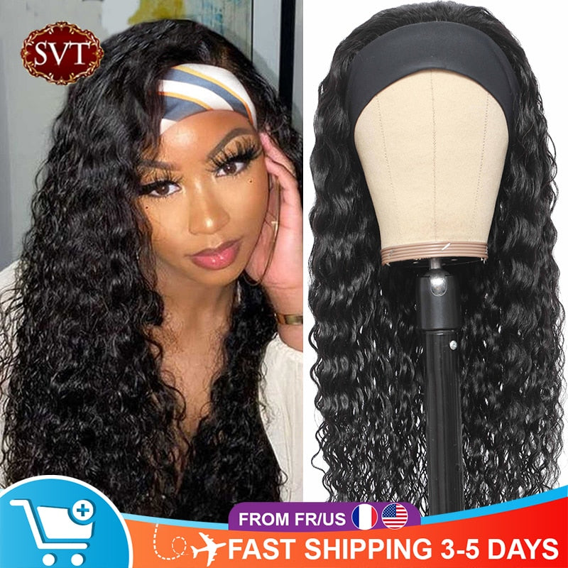 SVT Water Wave Glueless Human Hair Wigs Indian Headband Wig For Black Women Long Hair 12-26Inch Curly Headband Wig Natural Color